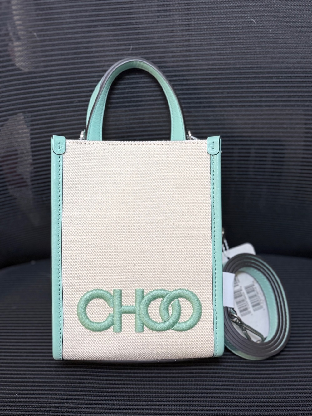 Jimmy Choo Cream Canvas Mini Bag with Mint Trim